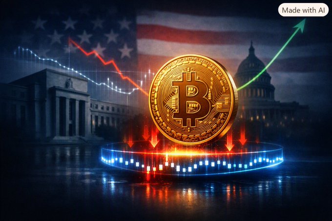 An AI-generated image showing a large gold Bitcoin coin in front of the U.S. Capitol building and Federal Reserve, with financial charts and an American flag in the background.