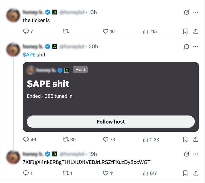 Twitter posts from Honey (formerly @honeydtd) discuss $APE, including one labeled '$APE shit' that ended with 385 tuned in, alongside a cryptic string of characters.