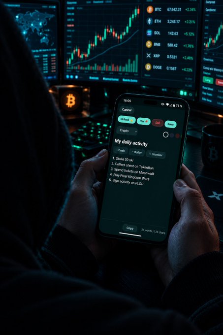 A hooded figure holds a smartphone in a dark room with cryptocurrency trading charts displayed on multiple monitors, including BTC, ETH, SOL, BNB, XRP, and DOGE prices; the phone shows a 'My daily activity' app listing tasks like 'Stake 30 alr' and 'Collect chest on TokenRun'.