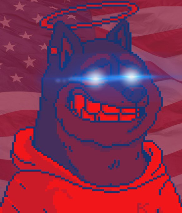 Pixel art illustration of a demonic dog-like character with glowing blue eyes and a red halo, set against an American flag background.
