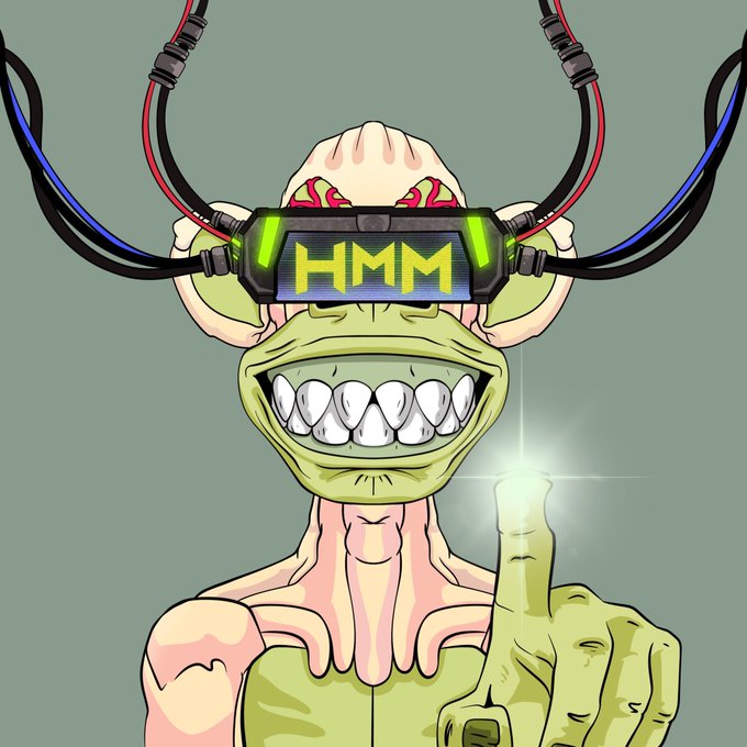 A cartoon illustration of a grotesque, grinning humanoid creature with exposed brain matter wearing a digital visor displaying the letters 'HMM' in green, with colorful wires extending from its head and a glowing fingertip pointing upward.