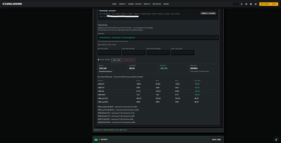A Signalbound terminal interface displays an exchange account setup with fields for MAX OPEN TRADES, MAX PER POSITION, MAX OPEN POSITIONS, and DAILY LOSS LIMIT, showing an equity of 1001.89 and closed trades for pairs like LINK BTC, LINK ETH, and OPEN.