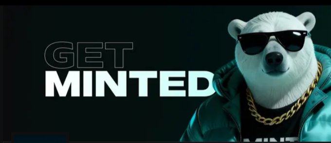 A polar bear wearing sunglasses and a gold chain over a teal jacket appears next to the bold text 'GET MINTED' on a dark background.