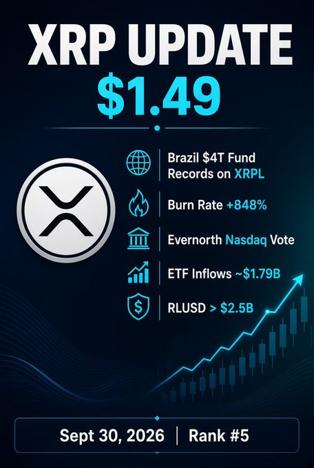 An infographic titled "XRP UPDATE" displays the current price at $1.49. It lists key statistics including Brazil's $4T Fund Records on XRPL, a Burn Rate of +848%, Evernorth's Nasdaq Vote, ETF Inflows of ~$1.79B, and RLUSD > $2.5B, alongside an upward-trending chart dated Sept 30, 2026.