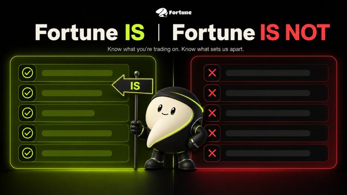 A cheerful mascot in a black hooded outfit stands between two glowing comparison panels, pointing to the green "Fortune IS" checklist (with checkmarks) on the left while the red "Fortune IS NOT" panel (with X marks) sits on the right. The image visually reinforces the caption's breakdown of Fortune's identity as a prediction market-native liquidity engine and infrastructure protocol, emphasizing the "Know what you're trading on. Know what sets us apart." tagline.