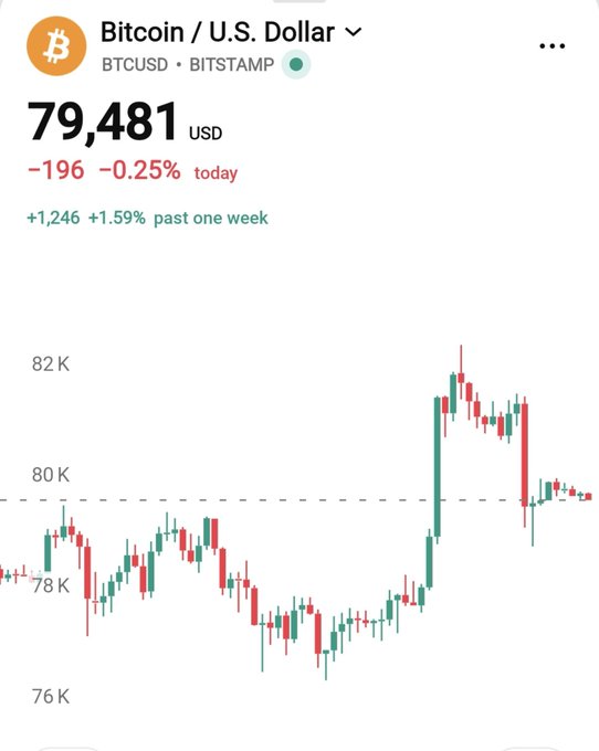 A Robinhood-style mobile screenshot showing Bitcoin/U.S. Dollar (BTCUSD) price at $79,481 USD, down $196 (-0.25%) today but up 1.59% over the past week.