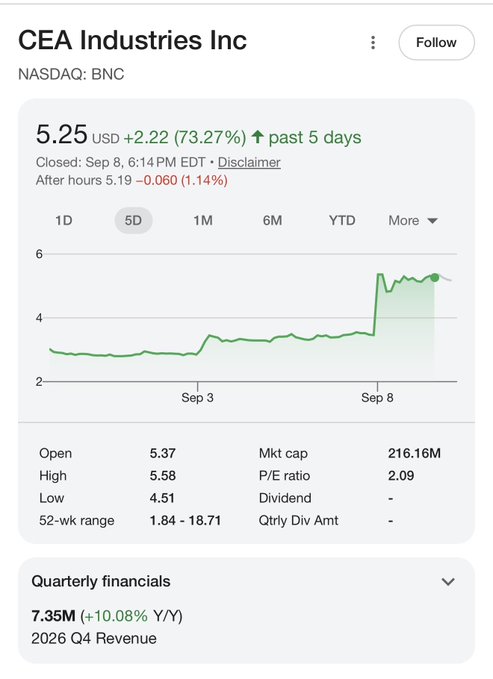 A Robinhood stock chart showing CEA Industries Inc (BNC) at $5.25 USD, up 73.27% over the past 5 days, with a market cap of 216.16M and a 5D chart showing a sharp recent upward spike.