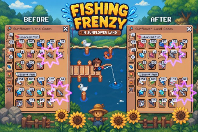 A 'Fishing Frenzy in Sunflower Land' game graphic showing a before-and-after comparison of a 'Sunflower Land Codex' inventory screen with highlighted fish items.