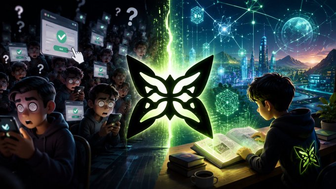 A vibrant digital artwork contrasting confused people looking at social media on phones with a central glowing green butterfly emblem, a futuristic city, and a boy reading a book.