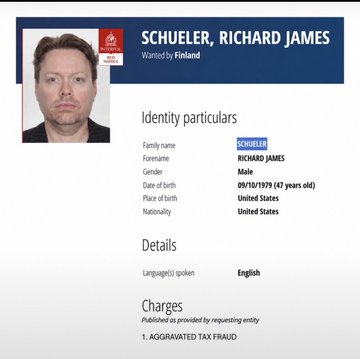 An Interpol-style wanted notice displays Richard James Schueler (wanted by Finland), listing him as a 47-year-old U.S. male charged with "Aggravated Tax Fraud," alongside a mugshot. The post links this notice to PulseHex ($PLS), which dropped over 30% amid news of Schueler's detention, highlighting how founder-linked headlines can sharply impact crypto markets.