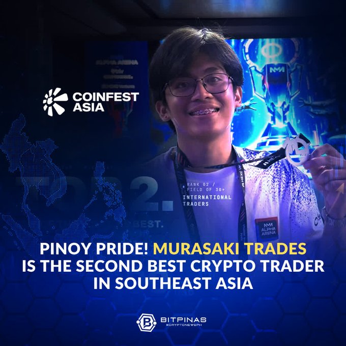 A promotional graphic for CoinFest Asia shows a smiling young man with glasses holding a crypto token, with text reading 'PINOY PRIDE! MURASAKI TRADES IS THE SECOND BEST CRYPTO TRADER IN SOUTHEAST ASIA' and the BitPinas logo.