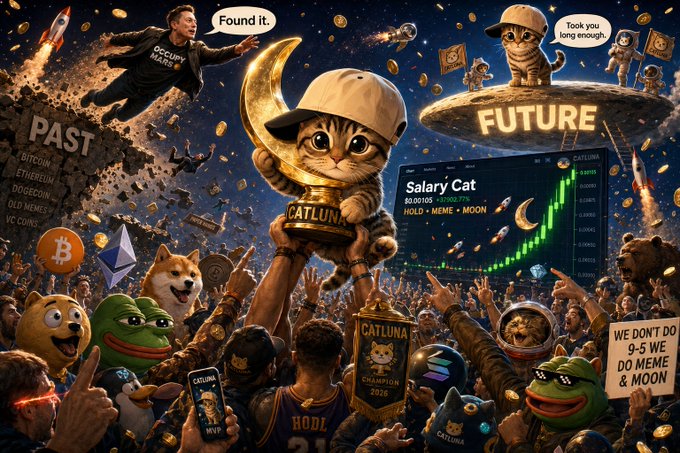 A chaotic crypto celebration scene where a trophy-holding cat in a hard hat labeled "CATLUNA" stands center stage above a cheering crowd of memecoin mascots (Pepe, Doge, Shiba Inu, bears, and astronauts), with Elon Musk flying a rocket labeled "OCCUPY MARS" declaring "Found it," while a chart shows "CATLUNA" hitting "HOLD • MEME • MOON" with a green moon, and a "WE DON'T DO 9-5 WE DO MEME & MOON" sign. The accompanying post frames this as a memecoin hierarchy breakdown, with the image visually crowning CatLuna as the breakout star of 2026's crypto rally—supported by the "supporting cast" of Pepe, Doge, and Shiba—while Elon's "Found it" mid-flight caption adds a humorous, triumphant finish to the narrative.