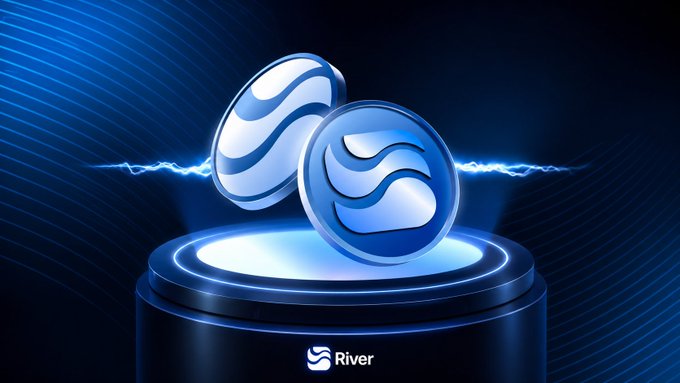 The image features two blue coins floating in mid-air against a dark background with a lightning bolt effect. The coins are positioned at opposite ends of a black platform, creating an interesting visual contrast. The caption below the image reads "The future of blockchain is not about which blockchain system gets the biggest. It is about how these blockchain systems work together". This statement emphasizes that the success and impact of blockchain technology depend on collaboration between various blockchain systems rather than individual dominance in terms of size or market value.