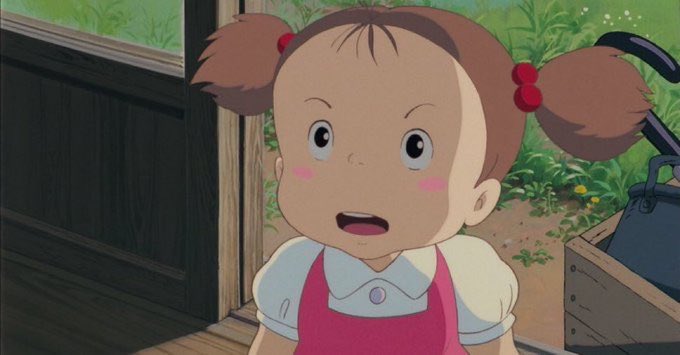 A young girl with brown pigtails and rosy cheeks looks up with wide, shocked eyes and an open mouth in an animated scene set in a garden. Her expressive, innocent face contrasts humorously with the dramatic, frantic urgency of the post's claims about cryptic warnings from a "dead grandma," amplifying the comedic mismatch between the cute imagery and the unhinged message about Ripple investment advice.