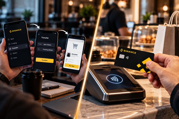 The image is split into two scenes: on the left, a person navigates through a phone app showing a Binance screen with options like "Spot," "Funding," "Transfer," and "Wallet," selecting "Transfer" to move "Spot Wallet" funds to "Funding Wallet"; on the right, the same person uses a physical Binance Card with contactless payment to tap on a card reader at a coffee shop, illustrating how the Binance Card streamlines payments by integrating crypto funds with real-world transactions.