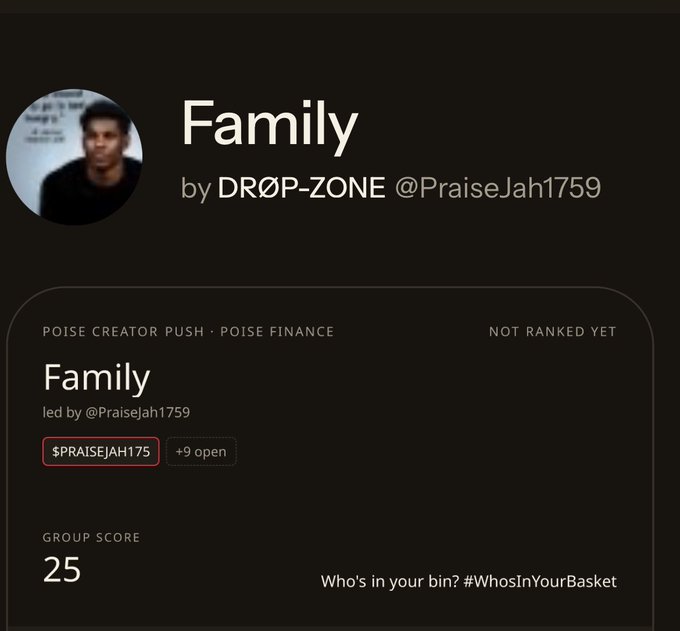 A dark-themed mobile app screen displaying a music or audio group called 'Family' by 'DRØP-ZONE @PraiseJah1759' with a group score of 25.