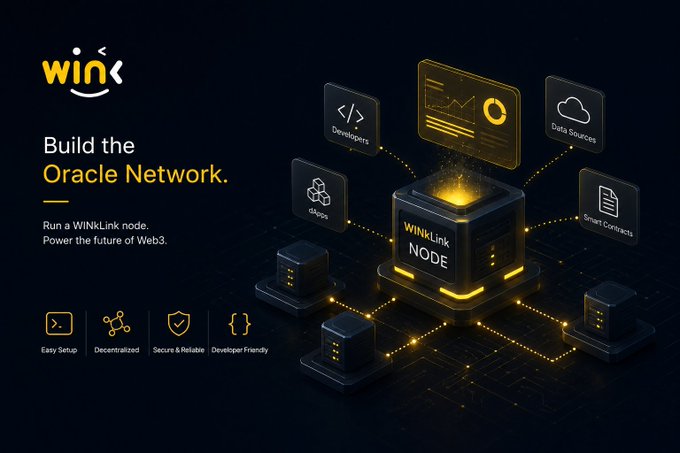 A promotional graphic for 'WINkLink' encouraging users to 'Build the Oracle Network' by running a WINkLink node, featuring a 3D central node connected to developers, data sources, smart contracts, and dApps, with feature icons for Easy Setup, Decentralized, Secure & Reliable, and Developer Friendly.