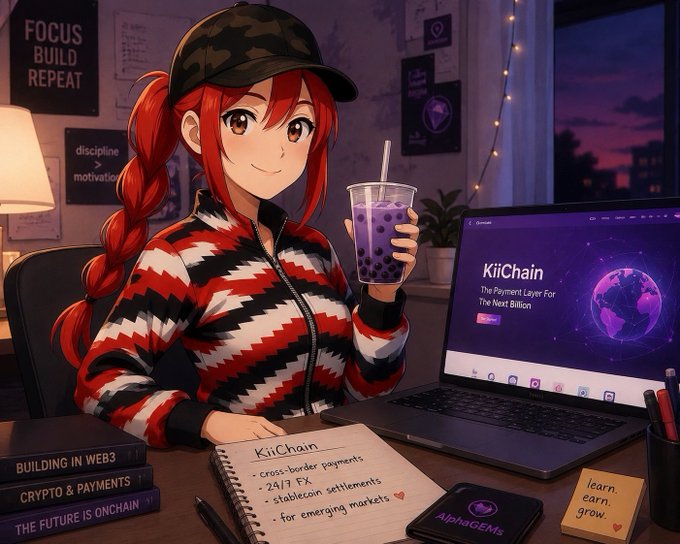 Anime-style illustration of a red-haired girl holding a bubble tea, sitting at a desk with a laptop showing 'KiiChain The Payment Layer For The Next Billion', with a notebook labeled 'KiiChain' listing features like 'cross-border payments' and '24/7 FX'.