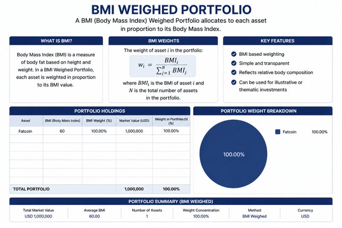 An infographic titled 'BMI WEIGHED PORTFOLIO' explaining how assets are weighted by Body Mass Index, with a holdings table showing a single asset 'Fatcoin' (BMI 60) valued at USD 1,000,000 representing 100% of the portfolio.