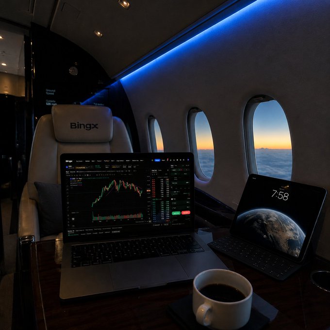A laptop displaying a candlestick chart and a tablet showing "7:58" sit on a wooden tray table next to a coffee cup, with an airplane window revealing a sunset above the clouds in the background, perfectly embodying the "office for today" caption of a remote workspace at 30,000 feet.