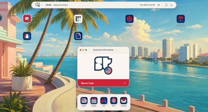 A dashboard titled 'MAMI - Backed by Solama' featuring a tropical Miami waterfront background, app icons for Travel, Hotels, Flights, etc., and a 'Superteam USA desktop' login window with a Signup/Login button.