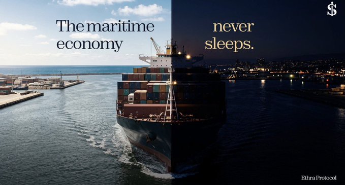 A promotional graphic showing a cargo ship split between day and night scenes with the text 'The maritime economy never sleeps' and the 'EthraProtocol' logo.