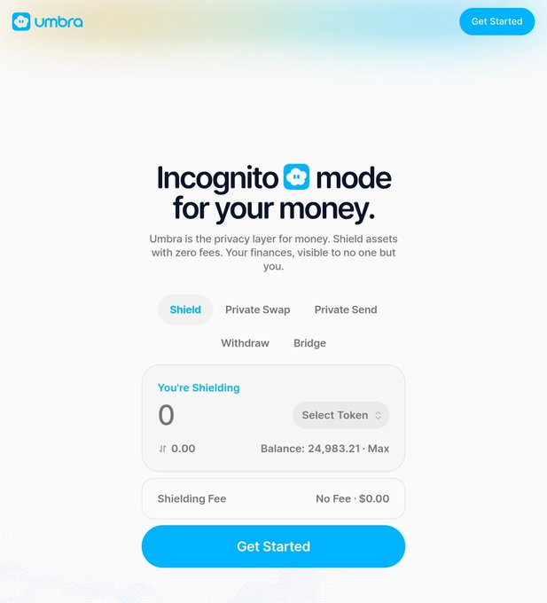 A promotional screenshot for Umbra, a Solana privacy protocol, displaying its "Incognito mode for your money" interface with a token shielding feature (Balance: 24,983.21, No Fee - $0.00) and options for Private Swap, Private Send, Withdraw, and Bridge—visually reinforcing the post's message that Solana's lack of transaction privacy is a hidden risk for users.