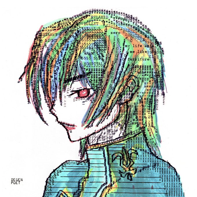 An anime-style character with red eyes and teal-and-orange hair is rendered with a digital glitch aesthetic, overlaid with streams of code-like numbers and text including "STARRY NIGHT," "RELAXED," "BULLET," "WARM," "HOSPITAL," "my life e e likes furniture," "zero," and "NOTHING," with "DEGEN POET" signed in the corner—visually echoing the "approved" sentiment through a chaotic, code-laden introspection.