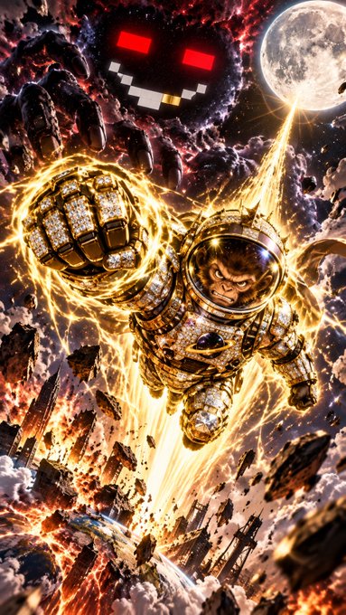 A digital artwork depicts a golden, armor-clad ape astronaut flying through a fiery, debris-filled sky, reaching forward as a menacing dark figure with glowing red pixelated eyes looms in the background near a full moon.