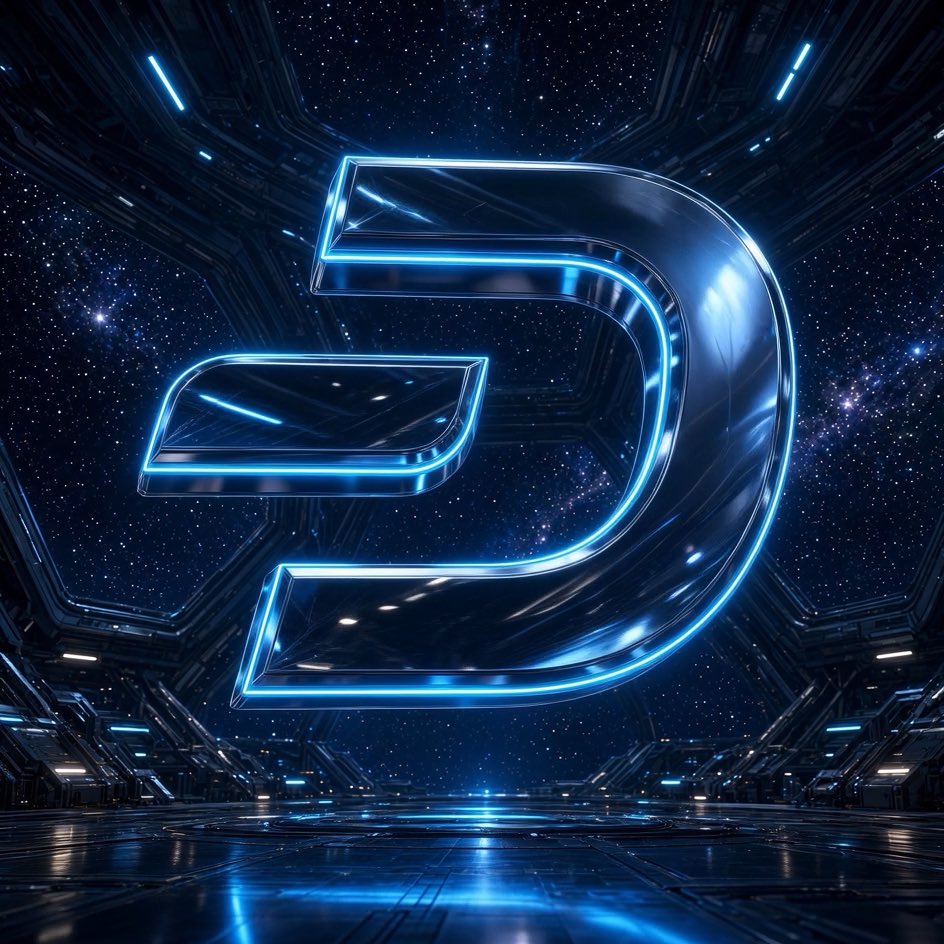 A futuristic, glowing blue neon 3D logo resembling a stylized 'D' or 'C' floats in a sci-fi space corridor with a starry background.