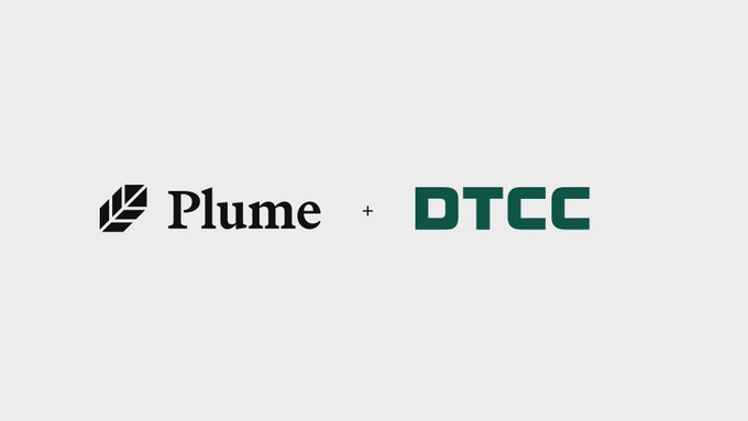 Announcement image showing the logos of Plume and DTCC with a plus sign between them, indicating a partnership.