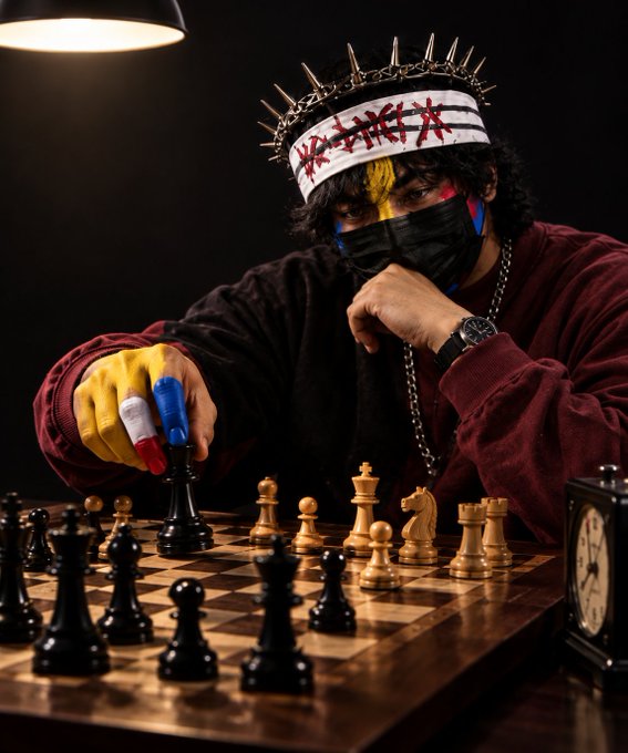 A masked figure wearing a spiked crown and colorful gloves contemplates his next move on a chessboard, embodying the strategic mindset behind the caption's call to "start taking action" as a new week begins.
