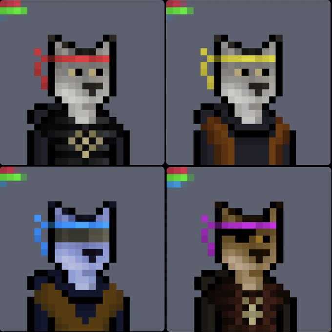 Four pixel-art character portraits of wolf-headed figures with different colored headbands (red, yellow, blue, and pink) on a gray background.