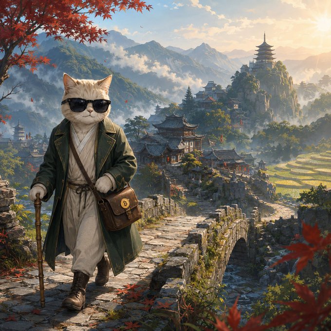 A stylish cat in sunglasses and a long coat walks confidently across a stone bridge with a satchel, set against a misty mountain landscape featuring traditional pagodas—visually conveying a sense of worldly exploration and the pursuit of prosperity in the spirit of "gm (get money)."