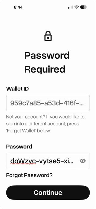 A mobile phone screenshot shows a 'Password Required' login screen with 'Wallet ID' and 'Password' fields, a 'Forgot Password?' link, and a 'Continue' button.