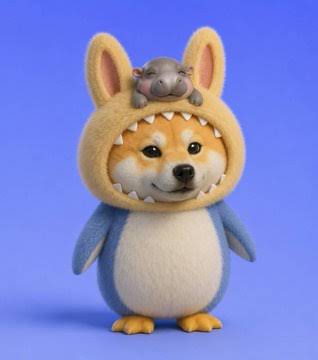 A 3D rendered Shiba Inu dog wearing a blue and yellow costume, with a small gray mouse on its head, against a purple background.
