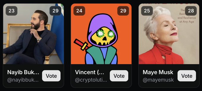 A voting interface displaying three candidates: Nayib Bukele (@nayibbukele) with 29 votes, Vincent (@cryptoluti...) with 29 votes, and Maye Musk (@mayemusk) with 28 votes.