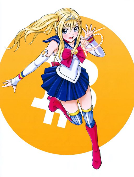 Anime illustration of Sailor Moon (Sailor V style) jumping in front of an orange circle with a white female symbol, wearing a white and blue sailor outfit with red boots.