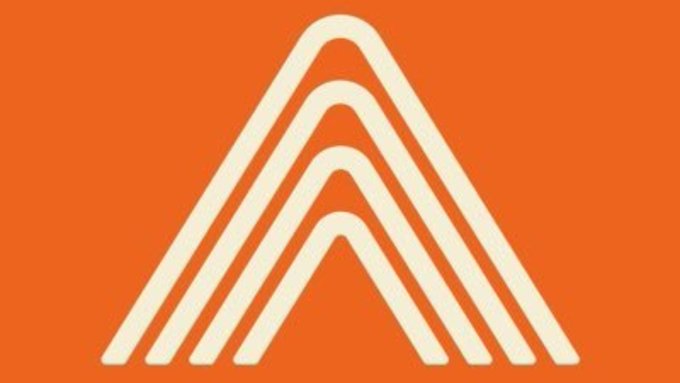 An orange background featuring a white geometric logo of nested upward-pointing chevrons or peaks.