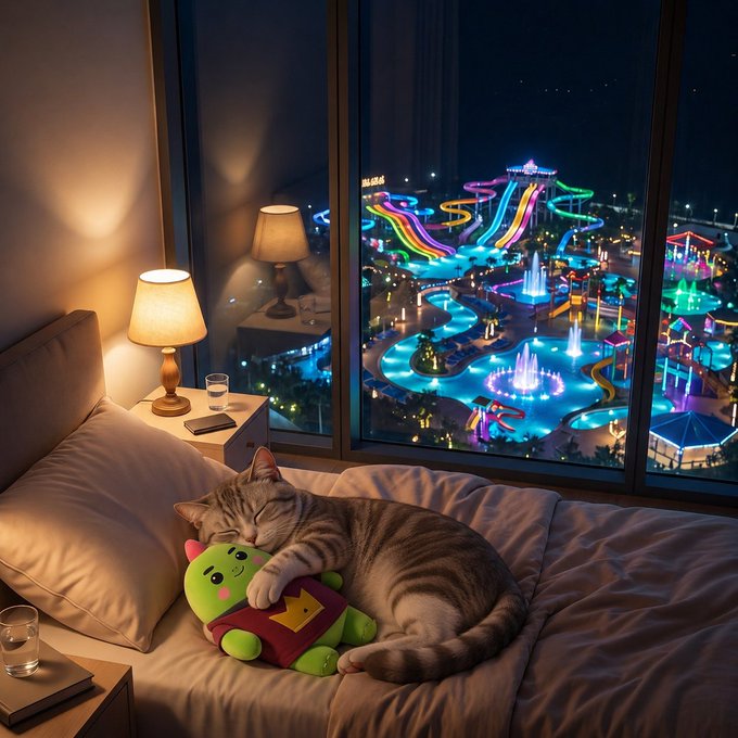 A tabby cat sleeps peacefully on a white pillow in a dimly lit bedroom, snuggled against a green plush toy wearing a red shirt with a yellow crown, while a glowing bedside lamp illuminates the scene and a large window reveals a vibrant, colorful water park at night with neon-lit slides and fountains.