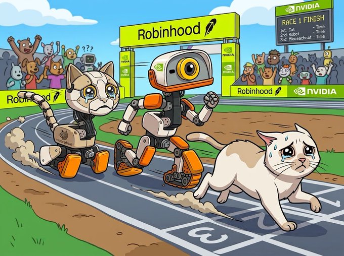 An illustration showing two crying, robotic cat characters racing at a stadium finish line sponsored by Robinhood and NVIDIA, while a sweating white cat runs alongside them on the track.