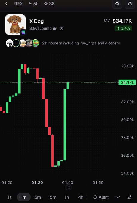 A mobile trading app shows a candlestick chart for the meme coin 'X Dog' (ticker: 83WT_pump), priced at $34.17k with a 1.4% increase.
