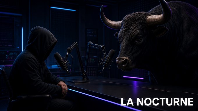 A surreal image titled 'LA NOCTURNE' showing a hooded figure sitting at a podcast/radio desk facing a large black bull with horns across two microphones in a neon-lit studio.