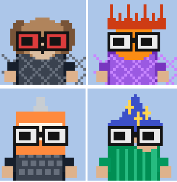 A 2x2 grid of pixel art character sprites featuring four distinct designs: a figure with a brown beard and red sunglasses, a character with a red crown and purple robe, a figure with a white chef-like hat, and a wizard in a blue robe with yellow stars, all wearing signature black pixelated sunglasses—promotional art for the Arcins NFT giveaway offering 10 whitelist spots.