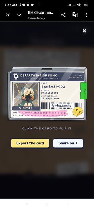 A screenshot from 'the departme... fomies.family' shows a digital ID card labeled 'DEPARTMENT OF FOMO' for visitor 'jamie1000x,' with options to 'Export the card' or 'Share on X' below.
