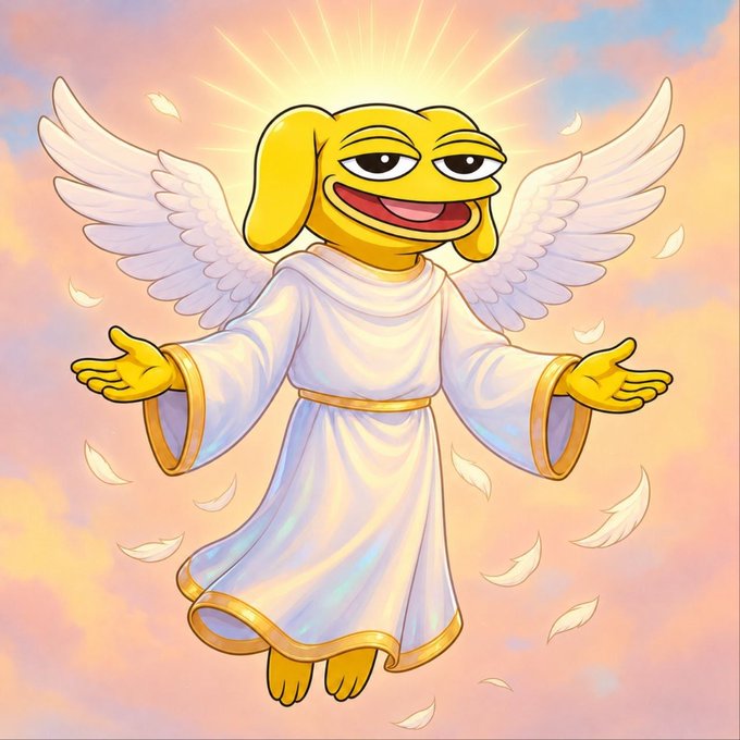A cartoon illustration of a yellow dog-like character with angel wings wearing a white and gold robe, floating against a pastel sky with feathers falling around it.