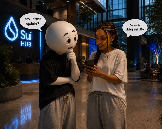 A digitally composed image in a lobby with a 'Sui HUB' neon sign in the background, showing a person in a white mascot mask asking 'any latest update?' while a woman looks at her phone and replies 'Conso is giving out $5k'.