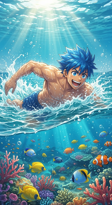 An anime-style illustration of a blue-haired muscular character swimming above vibrant tropical fish and coral reefs in sunlit blue water.