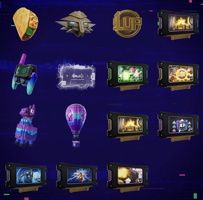 A grid of digital gaming items including a taco, robot head, 1UP coin, game cartridges, controller, balloon, and llama piñata on a blue background.
