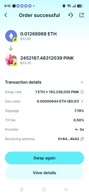 A mobile screenshot of a successful crypto swap transaction showing 0.01268988 ETH exchanged for 245,216,247.48312039 PINK, with a 7.78% slippage and 0x provider.